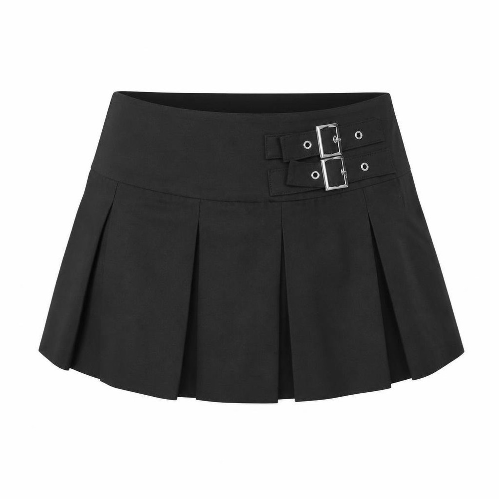 Black Pleated Mini Skirt Shorts with Buckle Detail